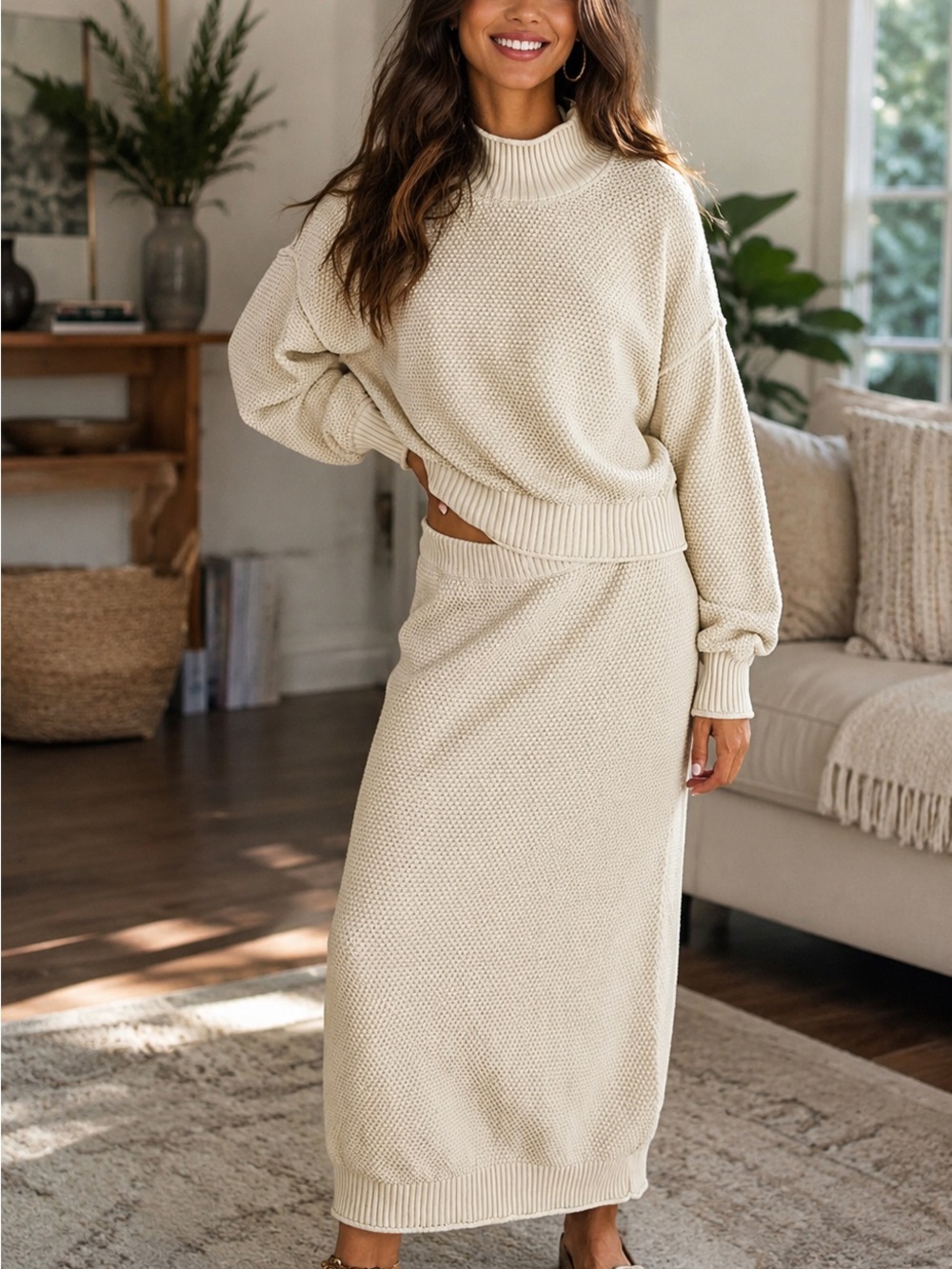 Cream Knit Midi Skirt - Women's Cozy Style